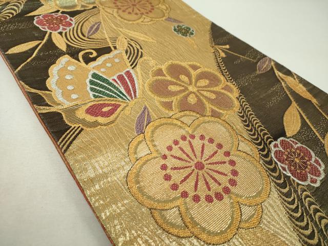 平和屋着物▼両面　六通柄袋帯　舞蝶梅文　金銀糸　正絹　逸品　DABF7694ps