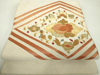 平和屋着物▼八寸名古屋帯　駒刺繍　総刺繍　花菱文　金糸　正絹　逸品　DABF7695ps