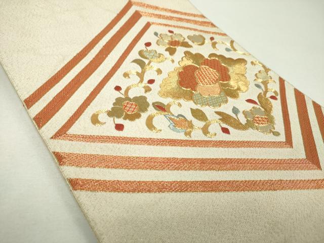 平和屋着物▼八寸名古屋帯　駒刺繍　総刺繍　花菱文　金糸　正絹　逸品　DABF7695ps