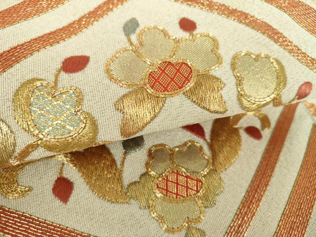 平和屋着物▼八寸名古屋帯　駒刺繍　総刺繍　花菱文　金糸　正絹　逸品　DABF7695ps