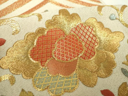 平和屋着物▼八寸名古屋帯　駒刺繍　総刺繍　花菱文　金糸　正絹　逸品　DABF7695ps