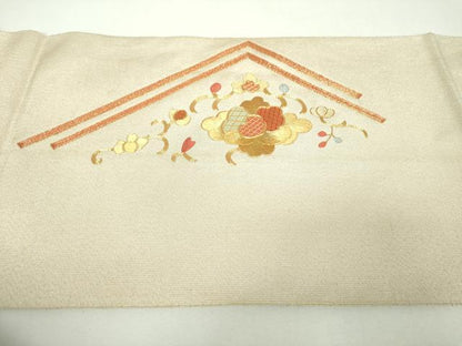 平和屋着物▼八寸名古屋帯　駒刺繍　総刺繍　花菱文　金糸　正絹　逸品　DABF7695ps