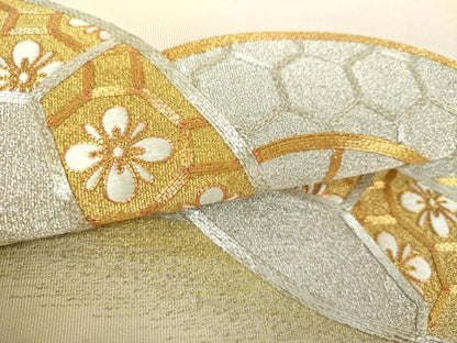 平和屋着物▼爪掻き本綴れ　八寸名古屋帯　駒刺繍　総刺繍　片輪車花文　金銀糸　正絹　逸品　DABF7696ps
