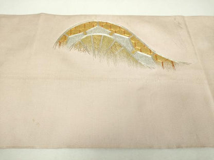 平和屋着物▼爪掻き本綴れ　八寸名古屋帯　駒刺繍　総刺繍　片輪車花文　金銀糸　正絹　逸品　DABF7696ps