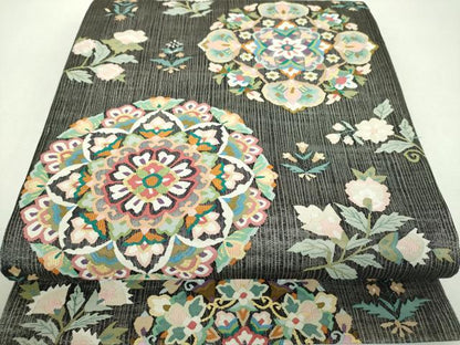 平和屋着物＊極上　夏物　明綴れ　袋帯　正倉院花文　黒地　金銀糸　正絹　逸品　DABF7701ps