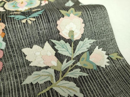 平和屋着物＊極上　夏物　明綴れ　袋帯　正倉院花文　黒地　金銀糸　正絹　逸品　DABF7701ps