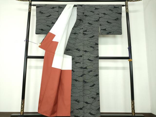 平和屋着物●本塩沢　雲重ね　黒地　正絹　逸品　DABF7714ps