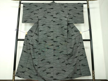 平和屋着物●本塩沢　雲重ね　黒地　正絹　逸品　DABF7714ps