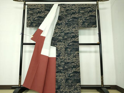 平和屋着物●上質な小紋　紬地　藍　舞蝶文　帆掛け舟　正絹　逸品　DABF7715ps