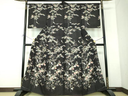平和屋着物●生紬　訪問着　友禅　短冊笹竹花文　正絹　逸品　未使用　DABF7735ps