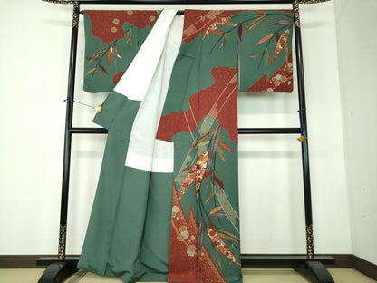 平和屋着物●訪問着　刺繍　笹竹花文　枝梅　金彩　正絹　逸品　DABF7740ps