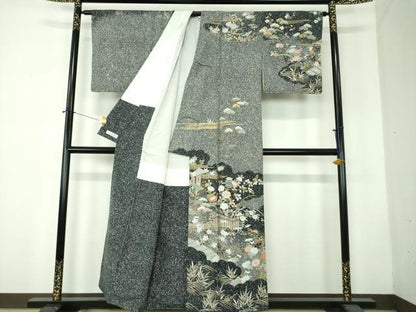 平和屋着物●訪問着　雲取り風景花文　たたき染め　金彩　正絹　逸品　DABF7741ps