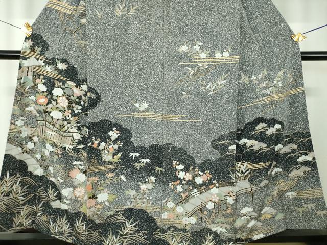 平和屋着物●訪問着　雲取り風景花文　たたき染め　金彩　正絹　逸品　DABF7741ps