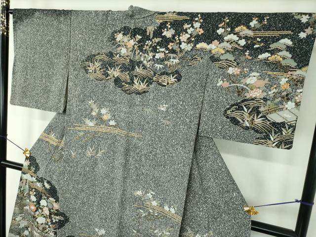 平和屋着物●訪問着　雲取り風景花文　たたき染め　金彩　正絹　逸品　DABF7741ps