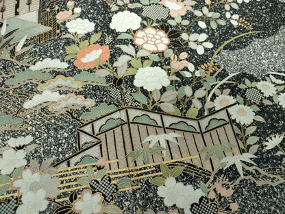 平和屋着物●訪問着　雲取り風景花文　たたき染め　金彩　正絹　逸品　DABF7741ps