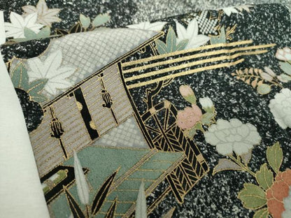 平和屋着物●訪問着　雲取り風景花文　たたき染め　金彩　正絹　逸品　DABF7741ps