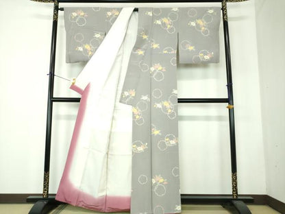 平和屋着物●上質な小紋　雪輪花文　反端付き　正絹　逸品　DABF7745ps