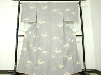 平和屋着物●上質な小紋　雪輪花文　反端付き　正絹　逸品　DABF7745ps