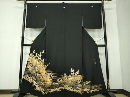 平和屋着物●金彩友禅　卓越技能者・名工・和田光正　黒留袖　枝梅　渡橋風景花文　金銀彩　正絹　逸品　DABF7753ps
