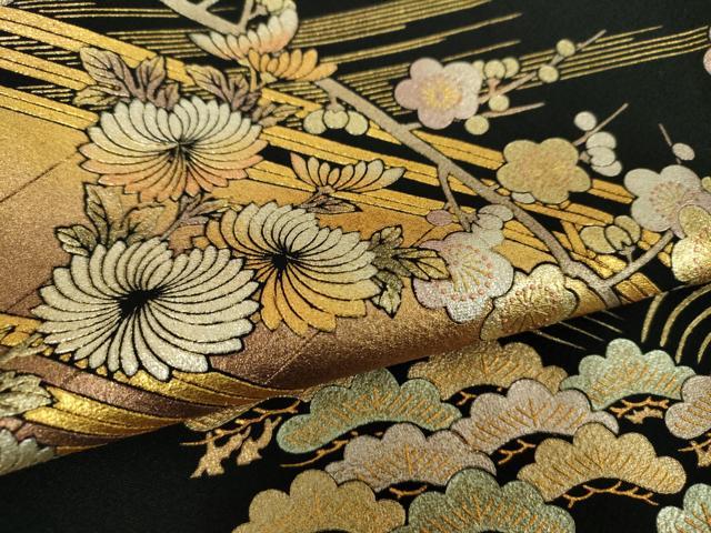 平和屋着物●金彩友禅　卓越技能者・名工・和田光正　黒留袖　枝梅　渡橋風景花文　金銀彩　正絹　逸品　DABF7753ps