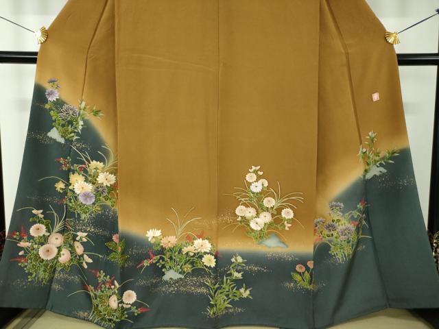 平和屋着物●ファッションデザイナー　花井幸子　訪問着　刺繍　草花文　暈し染め　金彩　正絹　逸品　DABF7754ps