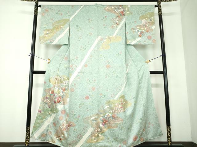 平和屋着物●訪問着　刺繍　扇面飛鶴花文　たたき染め　金彩　正絹　逸品　DABF7755ps