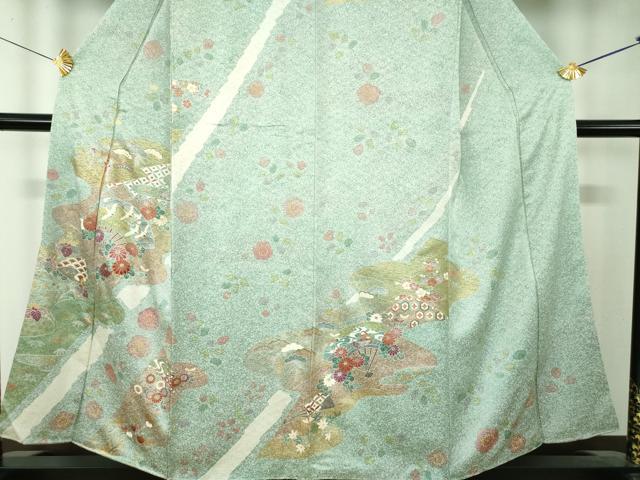 平和屋着物●訪問着　刺繍　扇面飛鶴花文　たたき染め　金彩　正絹　逸品　DABF7755ps