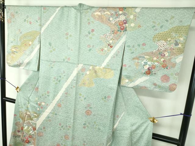平和屋着物●訪問着　刺繍　扇面飛鶴花文　たたき染め　金彩　正絹　逸品　DABF7755ps