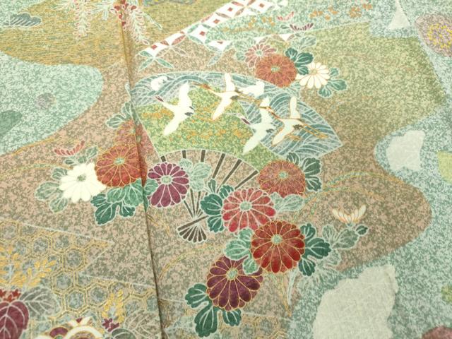平和屋着物●訪問着　刺繍　扇面飛鶴花文　たたき染め　金彩　正絹　逸品　DABF7755ps