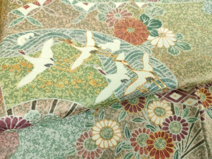 平和屋着物●訪問着　刺繍　扇面飛鶴花文　たたき染め　金彩　正絹　逸品　DABF7755ps