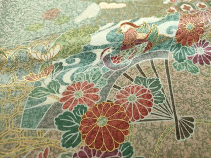 平和屋着物●訪問着　刺繍　扇面飛鶴花文　たたき染め　金彩　正絹　逸品　DABF7755ps
