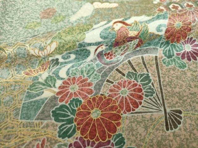 平和屋着物●訪問着　刺繍　扇面飛鶴花文　たたき染め　金彩　正絹　逸品　DABF7755ps