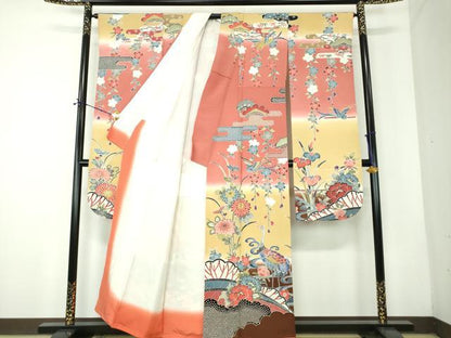 平和屋着物●豪華振袖　紅型　枝垂れ桜　流水花鳥文　暈し染め　正絹　逸品　DABF7759ps