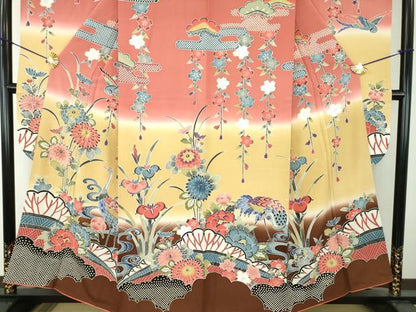 平和屋着物●豪華振袖　紅型　枝垂れ桜　流水花鳥文　暈し染め　正絹　逸品　DABF7759ps