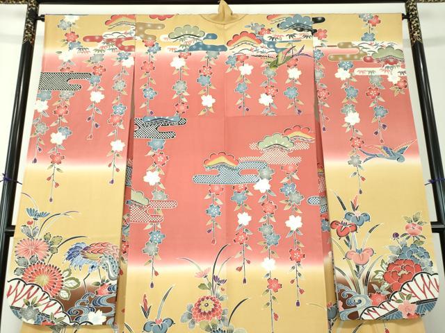 平和屋着物●豪華振袖　紅型　枝垂れ桜　流水花鳥文　暈し染め　正絹　逸品　DABF7759ps