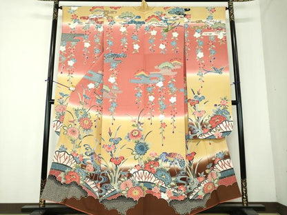 平和屋着物●豪華振袖　紅型　枝垂れ桜　流水花鳥文　暈し染め　正絹　逸品　DABF7759ps