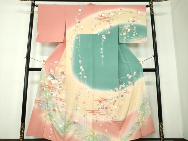 平和屋着物●訪問着　枝垂れ花　扇面宝尽くし　暈し染め　金銀彩　正絹　逸品　DABF7764ps