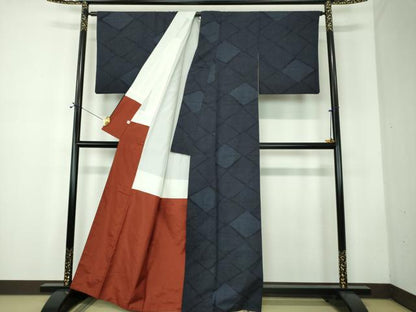 平和屋着物●結城紬　奥順　はたおり娘　100亀甲　菱文　証紙付き　正絹　逸品　DABF7768ps