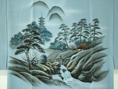 平和屋着物●男性　長襦袢　袷　手描き　人物風景文　金彩　正絹　逸品　未使用　DABF7771ps