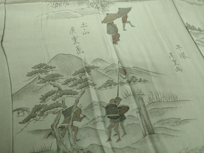 平和屋着物●男性　長襦袢　袷　手描き　廣重画　東海道五拾三次　正絹　逸品　DABF7772ps