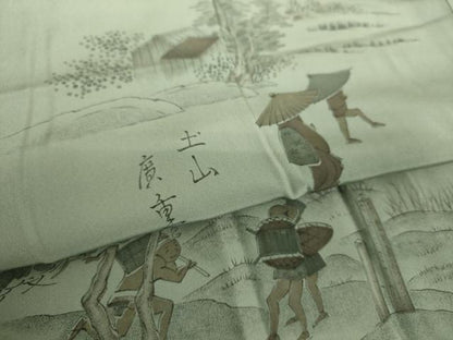 平和屋着物●男性　長襦袢　袷　手描き　廣重画　東海道五拾三次　正絹　逸品　DABF7772ps