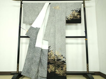 平和屋着物●訪問着　立波草葉文　草花シルエット　たたき染め　金彩　正絹　逸品　DABF7803ps