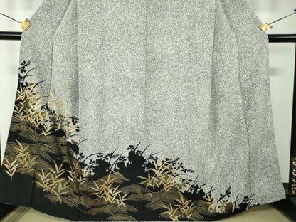 平和屋着物●訪問着　立波草葉文　草花シルエット　たたき染め　金彩　正絹　逸品　DABF7803ps