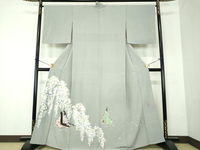 平和屋着物●京童人形絵師　高橋翠延　色留訪問着　手描き　枝垂れ桜　平安人物文　金彩　正絹　逸品　DABF7804ps