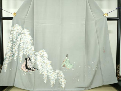 平和屋着物●京童人形絵師　高橋翠延　色留訪問着　手描き　枝垂れ桜　平安人物文　金彩　正絹　逸品　DABF7804ps