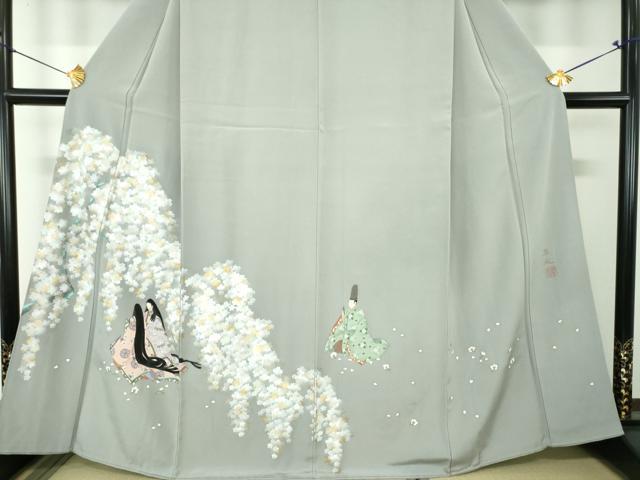 平和屋着物●京童人形絵師　高橋翠延　色留訪問着　手描き　枝垂れ桜　平安人物文　金彩　正絹　逸品　DABF7804ps