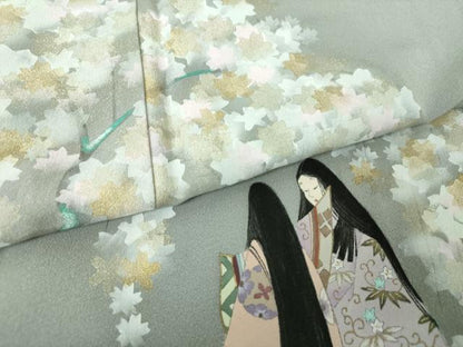 平和屋着物●京童人形絵師　高橋翠延　色留訪問着　手描き　枝垂れ桜　平安人物文　金彩　正絹　逸品　DABF7804ps