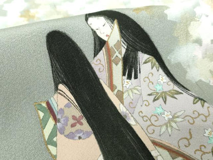 平和屋着物●京童人形絵師　高橋翠延　色留訪問着　手描き　枝垂れ桜　平安人物文　金彩　正絹　逸品　DABF7804ps