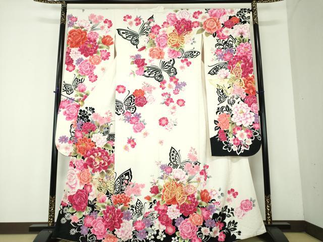 平和屋着物●豪華振袖　刺繍　舞蝶花文　金彩　銀通し地　正絹　逸品　DABF7815ps