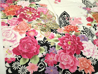 平和屋着物●豪華振袖　刺繍　舞蝶花文　金彩　銀通し地　正絹　逸品　DABF7815ps